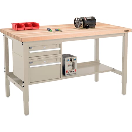 Global Industrial 60inW x 36inD Production Workbench, Maple Square Edge, Drawers & Shelf, Tan 319240TN